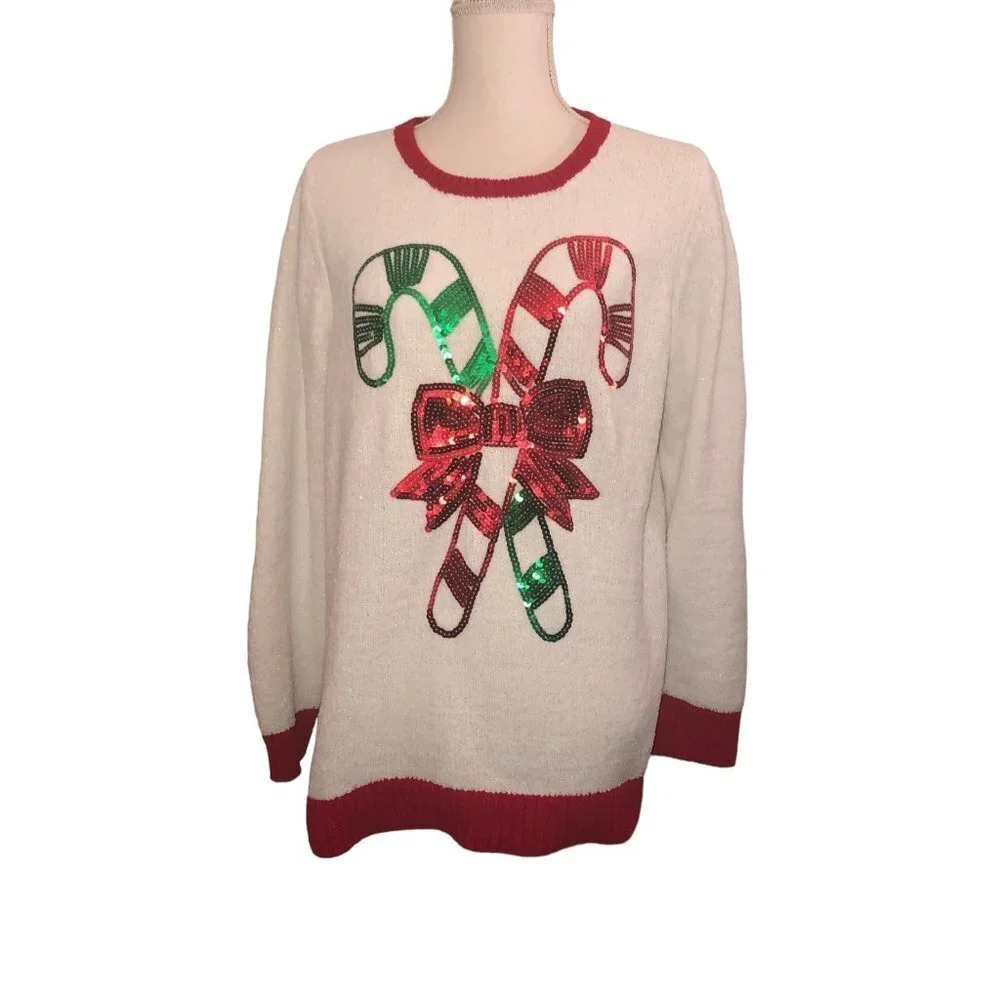 HOLIDAY TIME Sz L Women's White Chenille Red Green Sequin Candy Canes Sweater